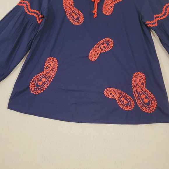 Crown & Ivy Women's Small Navy Blue Embroidered Red Paisley Peasant Blouse Boho - Picture 3 of 11